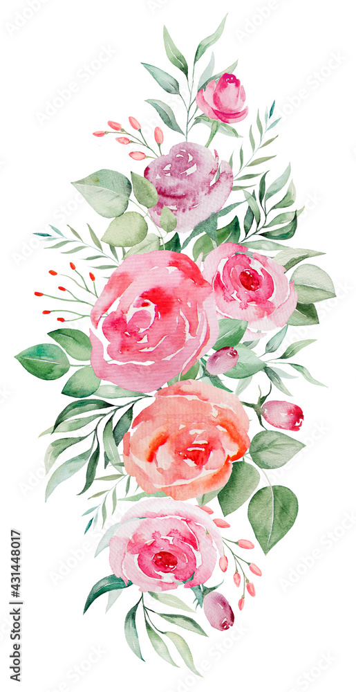 Watercolor pink and red roses flowers and leaves bouquet illustration