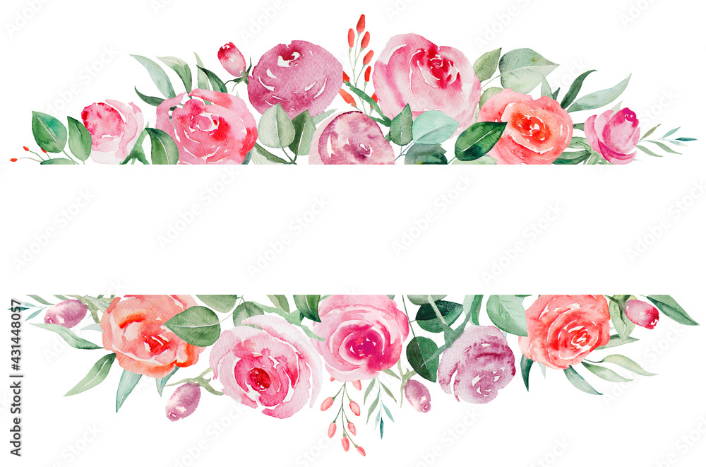 Watercolor pink and red roses flowers and leaves frame illustration