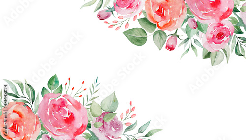 Watercolor pink and red roses flowers and leaves frame illustration