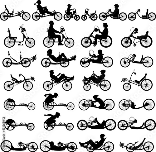 Hand bike and recumbent bicycle vector silhouette with and without cyclist rider