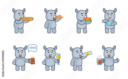 Cute rhino mascot eat various foods and drinks. Rhino eat fast food, noodles, burger, pizza, drink water, juice, beer. Modern vector illustration