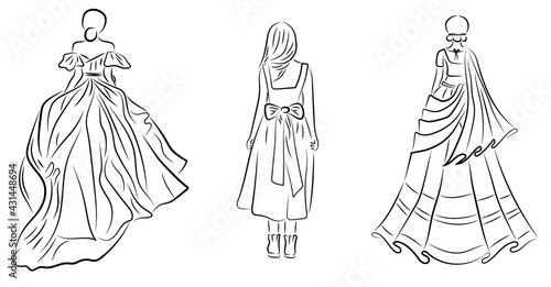 Frauen mit Kleid von Hinten Women Dress Kontur Zeichnungen Vektor Grafik Lineart
