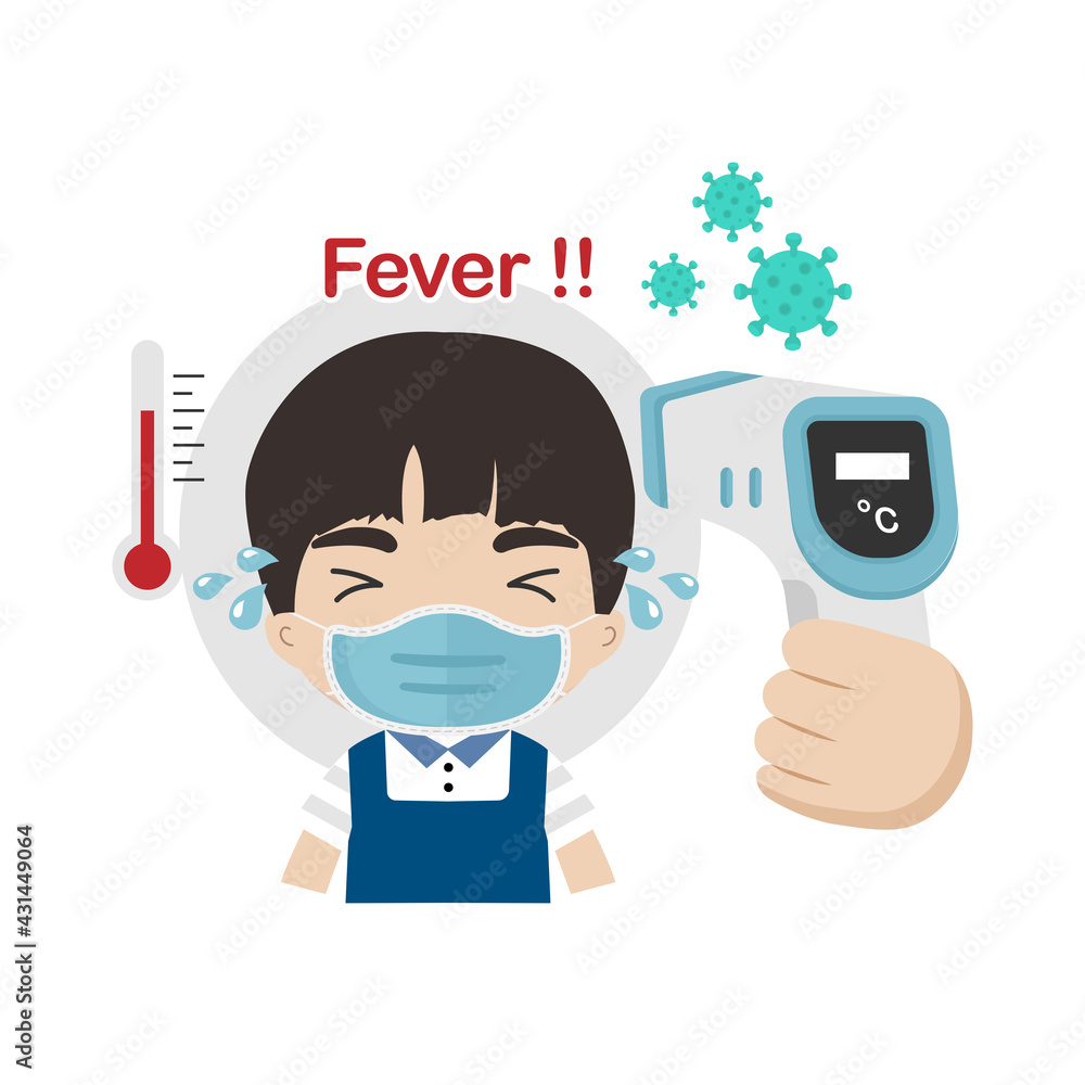 Kids measuring body temperature and wearing a face mask vector illustration. Kids measuring body temperature and wearing a face mask vector illustration.