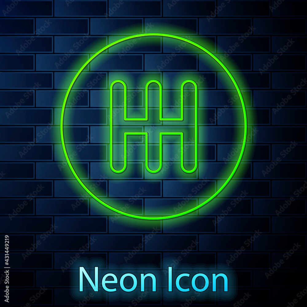Glowing neon line Gear shifter icon isolated on brick wall background. Transmission icon. Vector Glowing neon line Gear shifter icon isolated on brick wall background. Transmission icon. Vector
