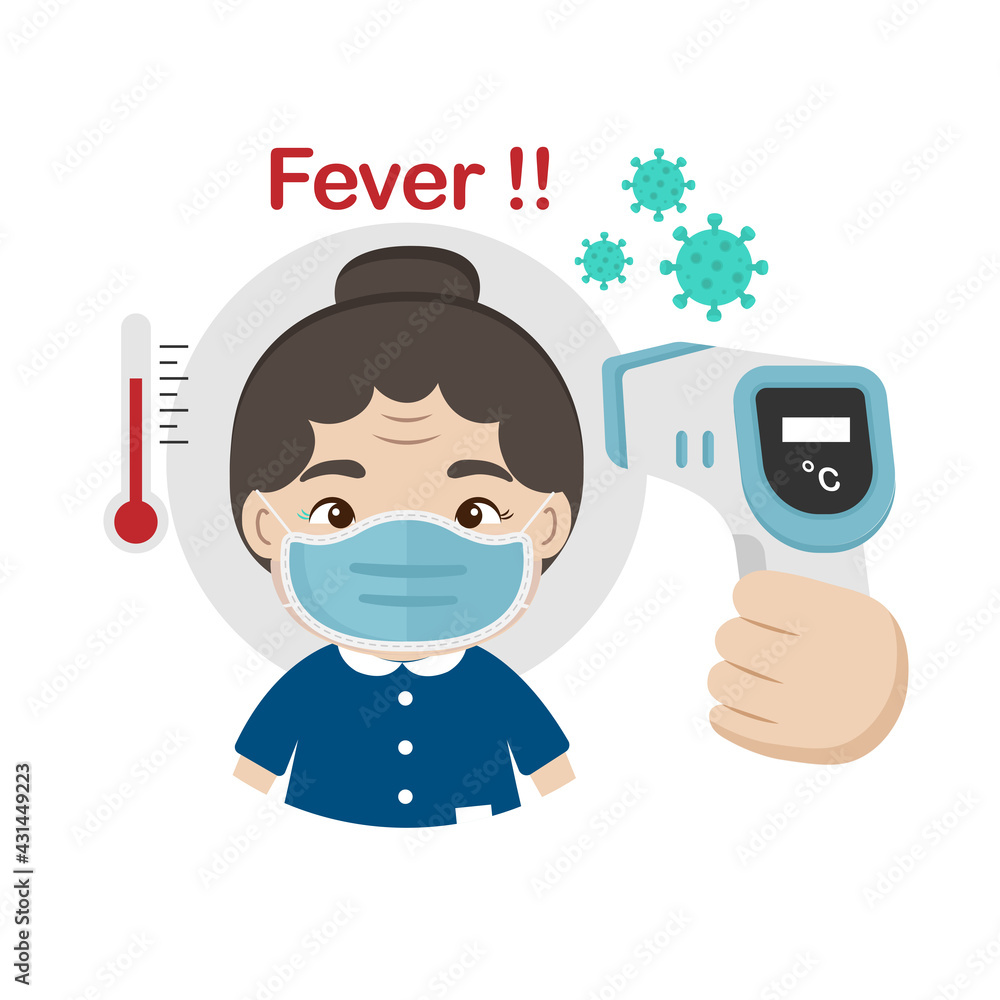 Senior measuring body temperature and wearing a face mask vector illustration.