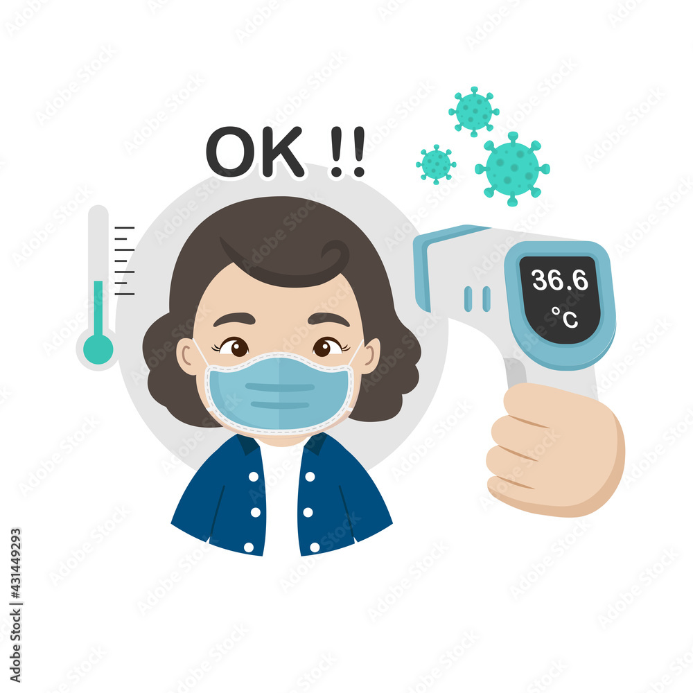 Woman measuring body temperature and wearing a face mask vector illustration. Woman measuring body temperature and wearing a face mask vector illustration.