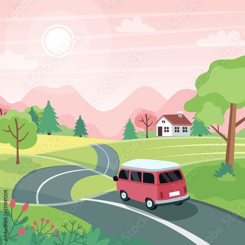 Spring road trip. Landscape with a cute car on the road. Vector illustration in flat style