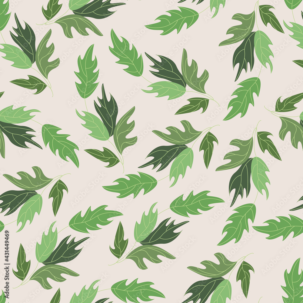 Seamless pattern for printing onto fabric or paper. Botanical ornament from branches with large leaves on a light background Seamless pattern for printing onto fabric or paper. Botanical ornament from branches with large leaves on a light background