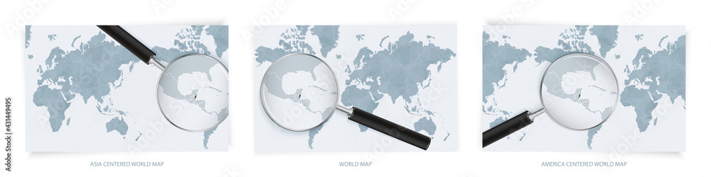 Blue Abstract World Maps with magnifying glass on map of Belize with the national flag of Belize. Three version of World Map. Blue Abstract World Maps with magnifying glass on map of Belize with the national flag of Belize. Three version of World Map.