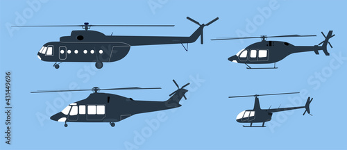 Different helicopter icons set. Vector illustration.