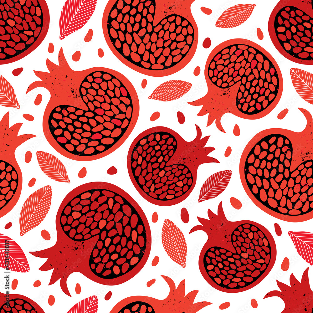 Seamless pattern with red pomegranate fruits and seeds on white background. Juicy tropical fruits. Design wallpaper, fabric, wrapping paper or decoration. Hand drawn illustration in vintage style. Seamless pattern with red pomegranate fruits and seeds on white background. Juicy tropical fruits. Design wallpaper, fabric, wrapping paper or decoration. Hand drawn illustration in vintage style.