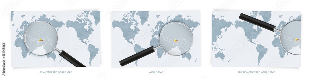 Blue Abstract World Maps with magnifying glass on map of Bhutan with the national flag of Bhutan. Three version of World Map. Blue Abstract World Maps with magnifying glass on map of Bhutan with the national flag of Bhutan. Three version of World Map.