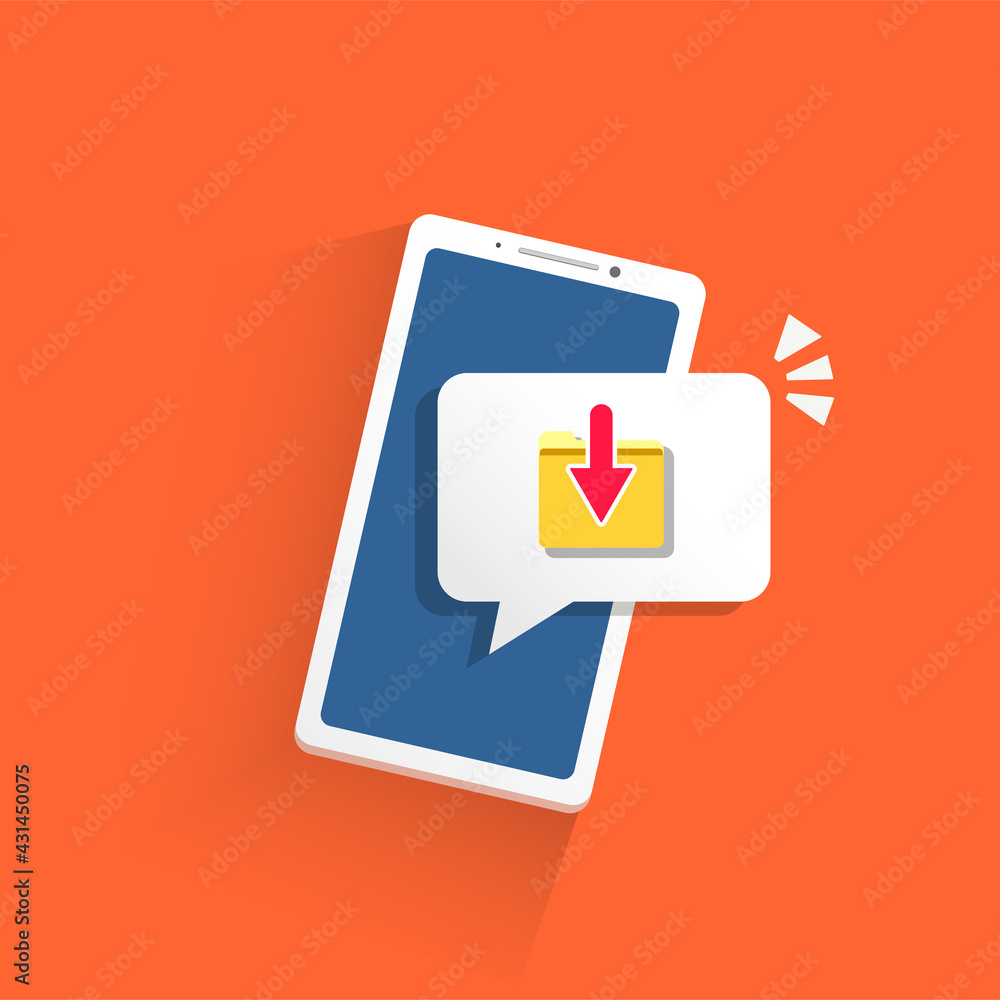 Download sign notification concept. Red arrow and folder mark sign notification on the smartphone screen. Vector illustration in flat style Download sign notification concept. Red arrow and folder mark sign notification on the smartphone screen. Vector illustration in flat style