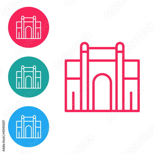 Red line India Gate in New Delhi, India icon isolated on white background. Gate way of India Mumbai. Set icons in circle buttons. Vector
