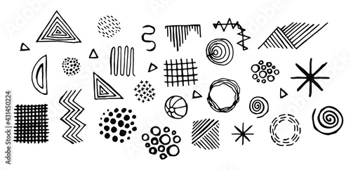 black doodles isolated on a white background. Handwriting in the margins and geometric shapes on a white background