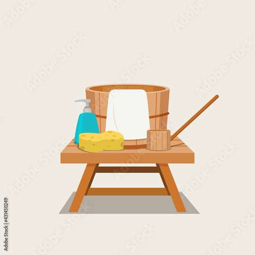 Toiletries flat vector illustration. Japanese Hot spring stuff such as wooden bucket, small wooden chair, soap, towel, and sponge