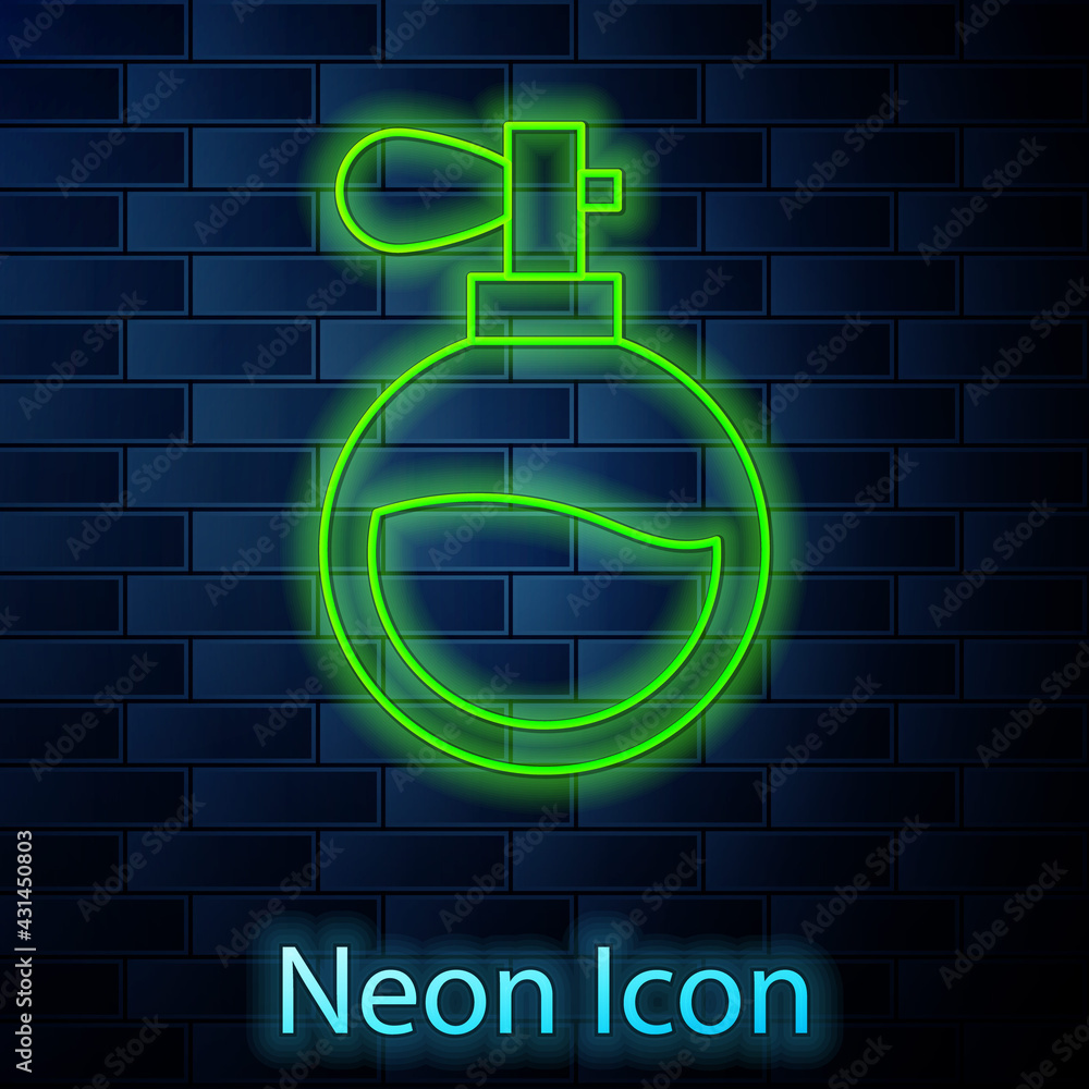 Glowing neon line Perfume icon isolated on brick wall background. Vector Glowing neon line Perfume icon isolated on brick wall background. Vector