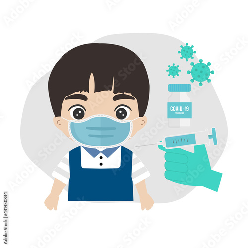 Doctor injects vaccine in kid's shoulder.Coronavirus vaccination concept.