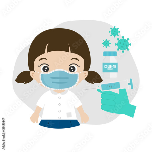 Doctor injects vaccine in kid's shoulder.Coronavirus vaccination concept.