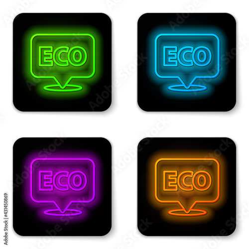 Glowing neon line Banner, label, tag, logo for eco green healthy food icon isolated on white background. Organic product. Healthy food sticker. Black square button. Vector