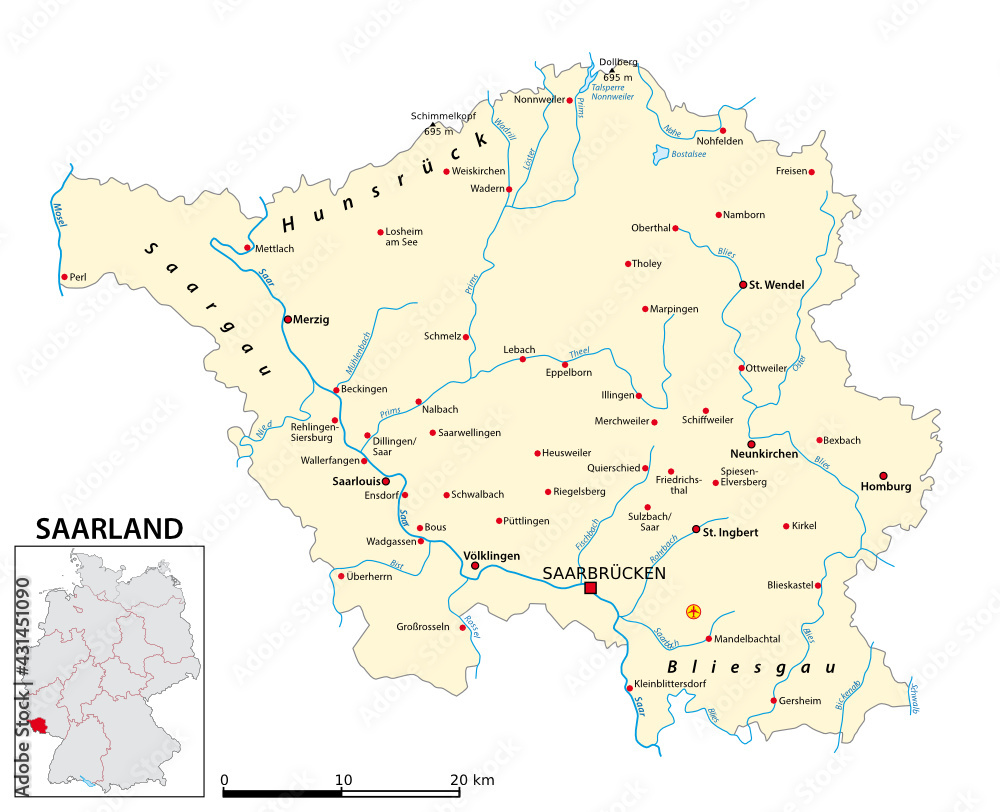 Map of the state of Saarland in German language