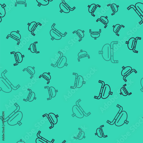 Black line Bread and salt on towel icon isolated seamless pattern on green background. National food loaf. Traditional ukrainian wedding bread. Vector
