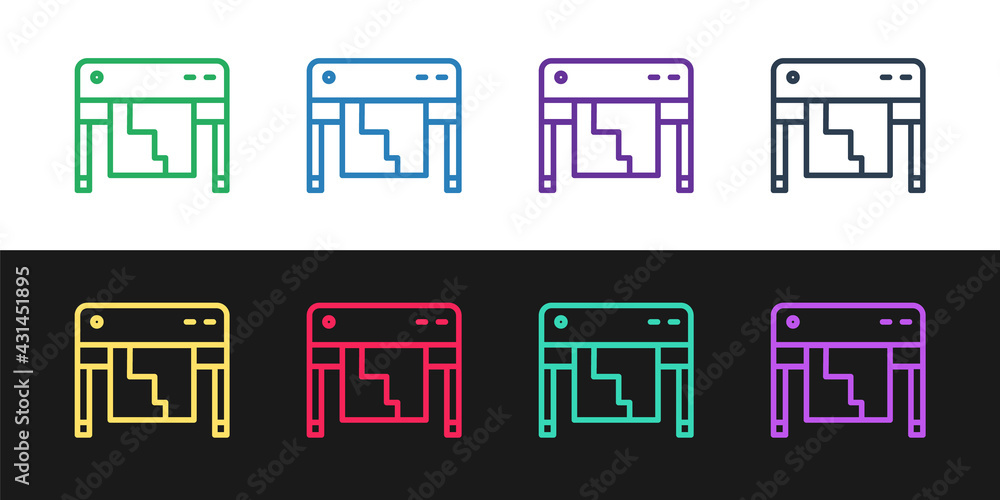 Set line Plotter icon isolated on black and white background. Large format multifunction printer. Polygraphy, printshop service. Vector Set line Plotter icon isolated on black and white background. Large format multifunction printer. Polygraphy, printshop service. Vector