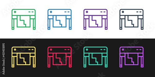 Set line Plotter icon isolated on black and white background. Large format multifunction printer. Polygraphy, printshop service. Vector