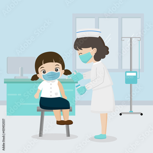 Coronavirus vaccination concept. Nurse gives vaccine shot to shoulder of kids in hospital.