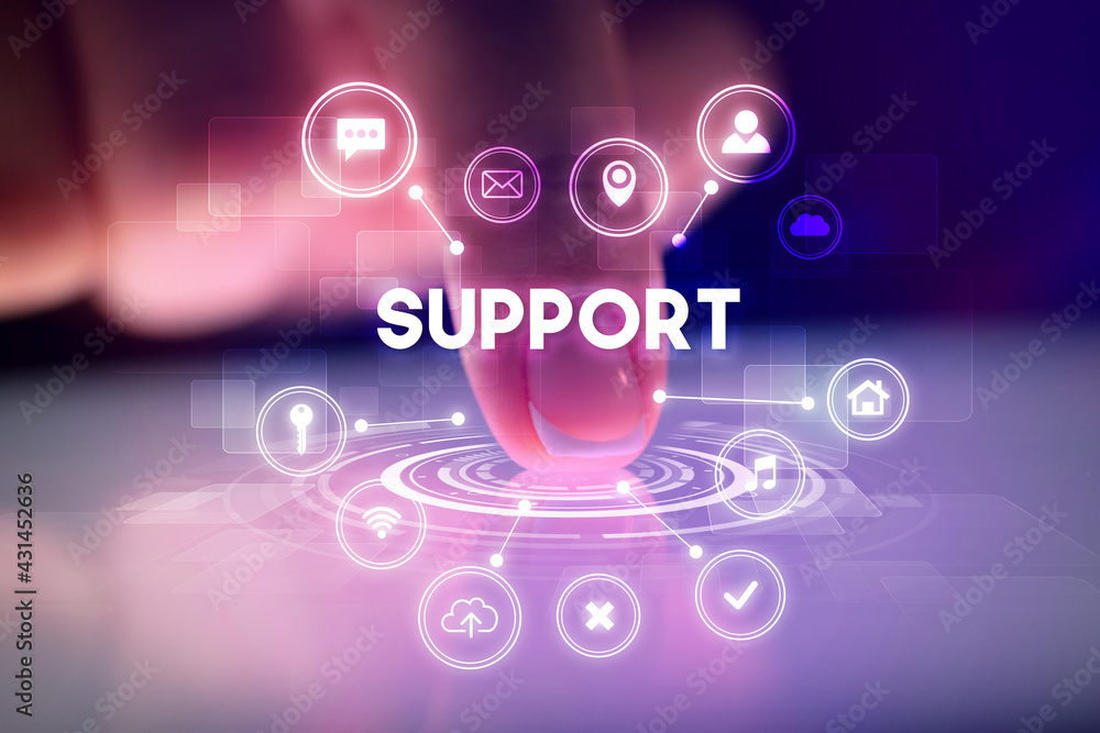 Finger touching tablet with web technology icons concept Finger touching tablet with web technology icons concept