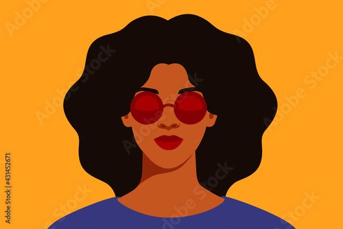 Young African American woman with curly black hair in red circle sunglasses with reflection. Black strong girl on a yellow background, front view. Vector illustration