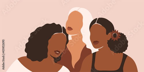 Poster of Summer women with different ethnicities and cultures stand side by side together. Females friendship and sisterhood concept. Vector illustration in the pastel brown colors photo