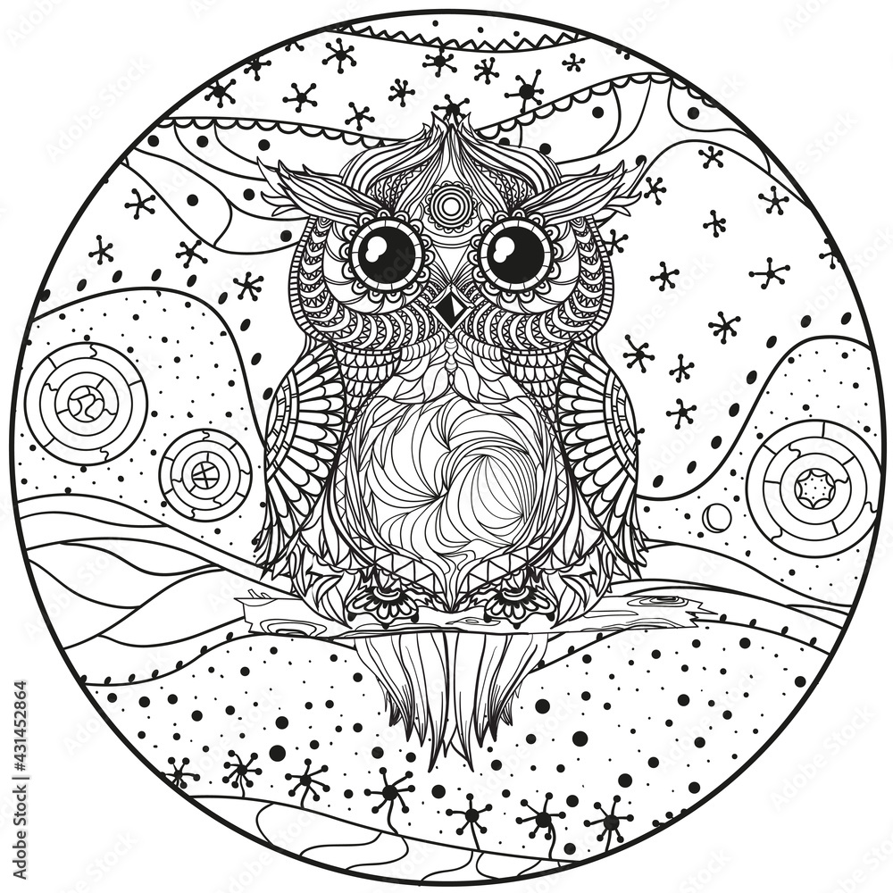 Mandala with owl. Design Zentangle. Hand drawn abstract patterns on isolation background. Design for spiritual relaxation for adults. Black and white illustration for coloring. Zen art. Decorative Mandala with owl. Design Zentangle. Hand drawn abstract patterns on isolation background. Design for spiritual relaxation for adults. Black and white illustration for coloring. Zen art. Decorative