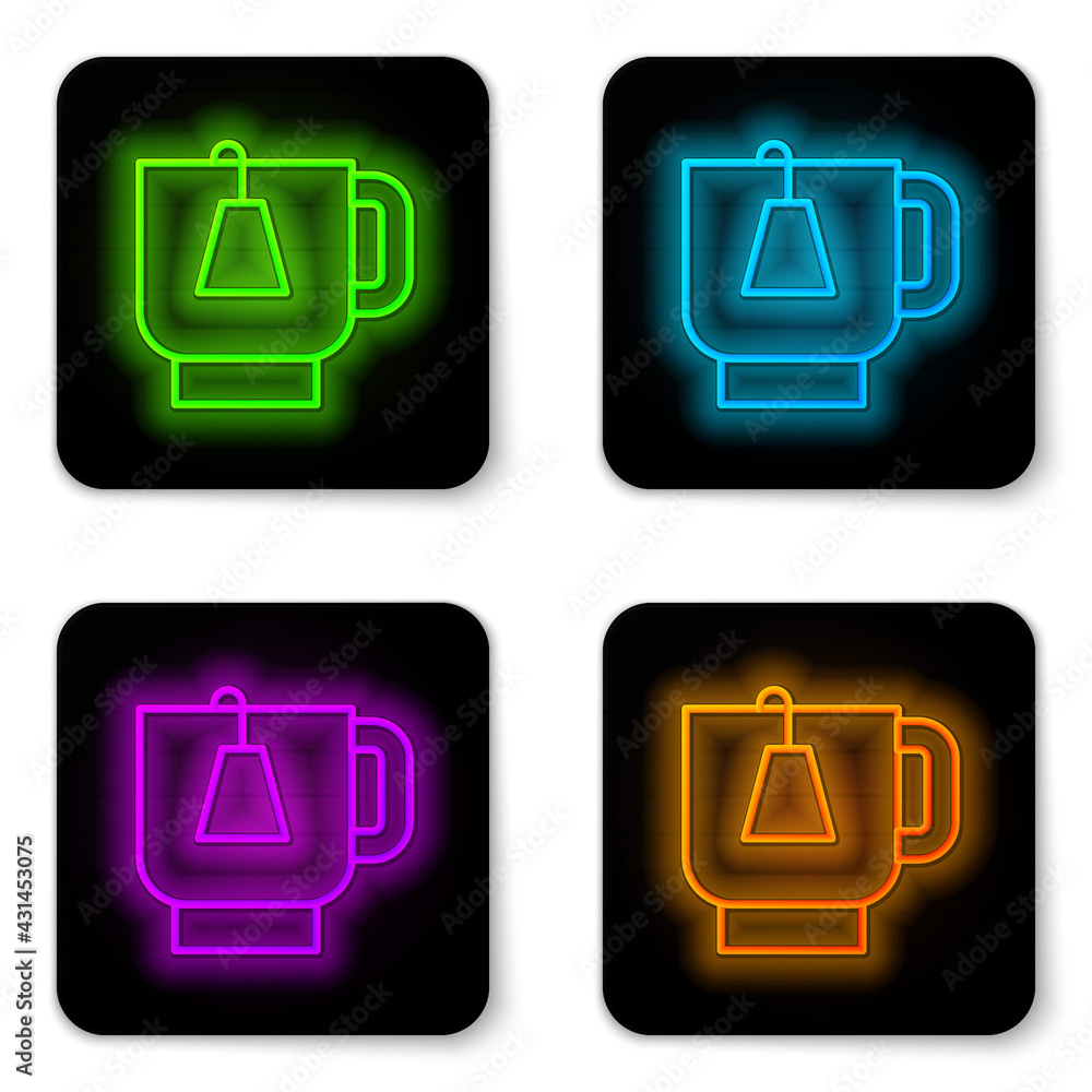 Glowing neon line Cup of tea with tea bag icon isolated on white background. Black square button. Vector Glowing neon line Cup of tea with tea bag icon isolated on white background. Black square button. Vector