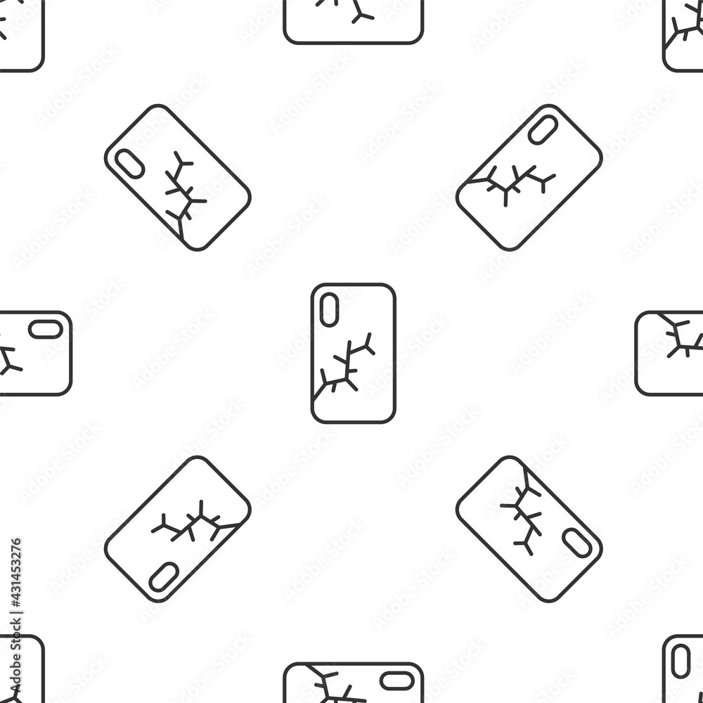 Grey line Smartphone with broken screen icon isolated seamless pattern on white background. Shattered phone screen icon. Vector Grey line Smartphone with broken screen icon isolated seamless pattern on white background. Shattered phone screen icon. Vector