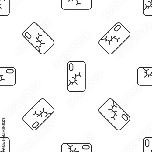 Grey line Smartphone with broken screen icon isolated seamless pattern on white background. Shattered phone screen icon. Vector