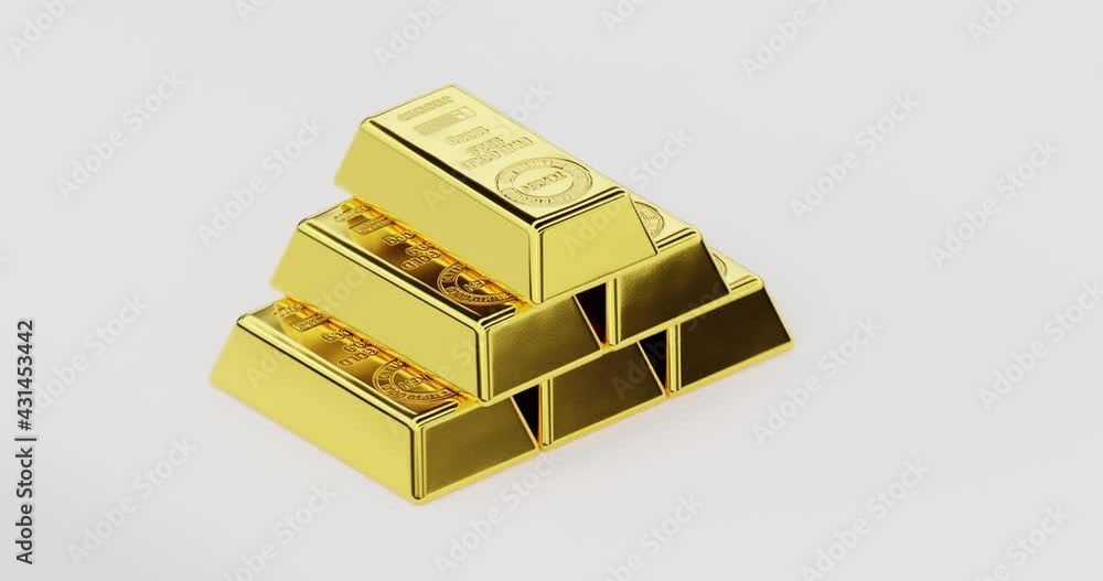 6 brightly lit gold bullions piled up to a pyramidv, with the camera rotating around it in 720 degrees 6 brightly lit gold bullions piled up to a pyramidv, with the camera rotating around it in 720 degrees