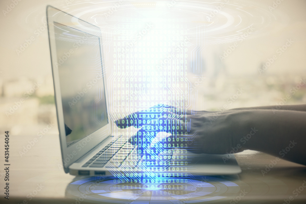 Double exposure of woman hands working on computer and data theme hologram drawing. Tech concept. Double exposure of woman hands working on computer and data theme hologram drawing. Tech concept.