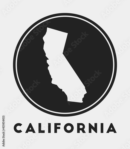 California icon. Round logo with US state map and title. Stylish California badge with map. Vector illustration.
