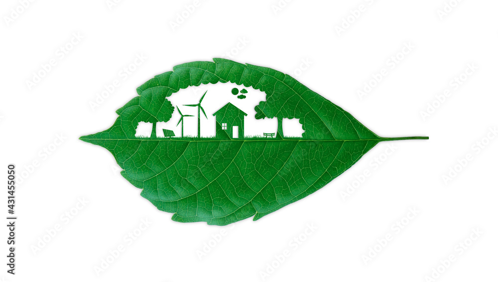 The house with turbine and solar cell clean energy object cutting green leaf. Natural and technology. Save the earth and environment green natural ecology. clipping path. The house with turbine and solar cell clean energy object cutting green leaf. Natural and technology. Save the earth and environment green natural ecology. clipping path.