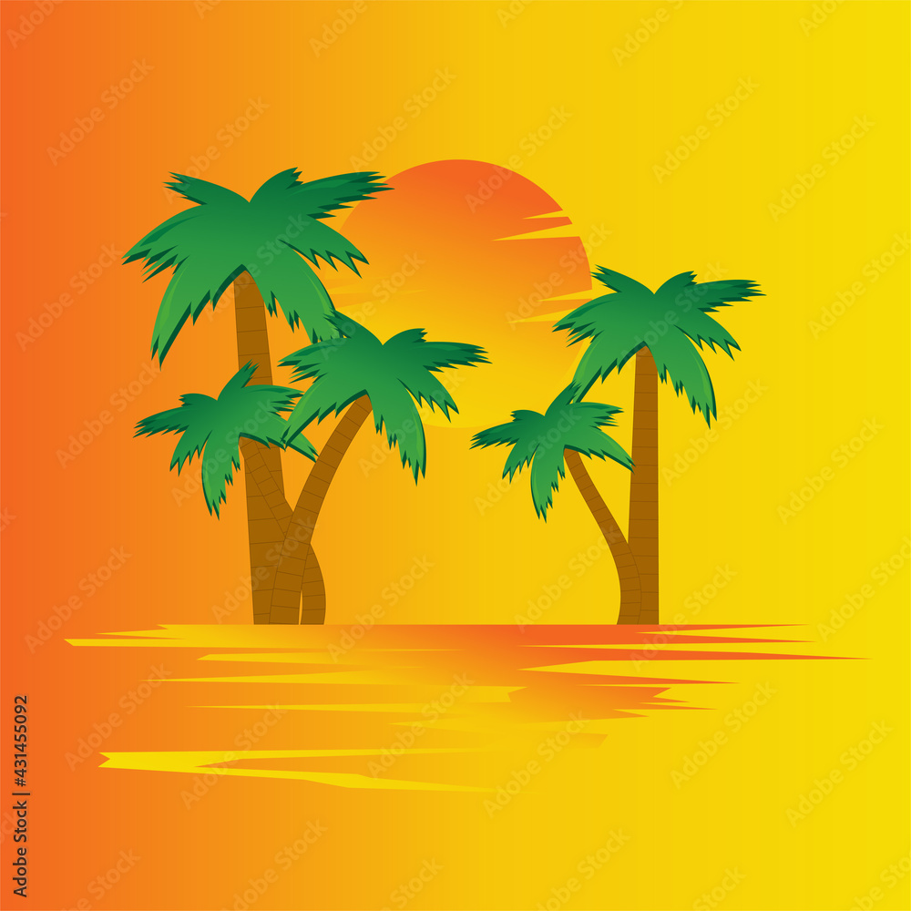 Green palm trees on the background of a beautiful sunset on the beach, sun and sand. Suitable for print and logo. Illustration in vector