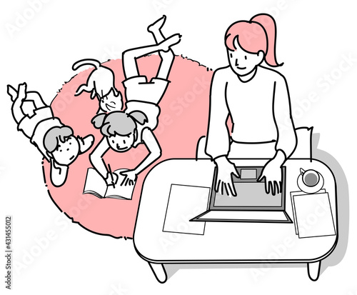 子供達の様子を見ながらパソコン仕事を行う