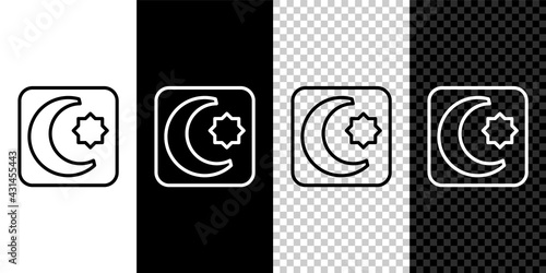 Set line Star and crescent - symbol of Islam icon isolated on black and white, transparent background. Religion symbol. Vector
