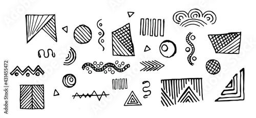 black doodles isolated on a white background. Handwriting in the margins and geometric shapes on a white background