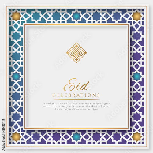 Eid Mubarak White and Blue Luxury Islamic Background with Decorative Ornament Frame