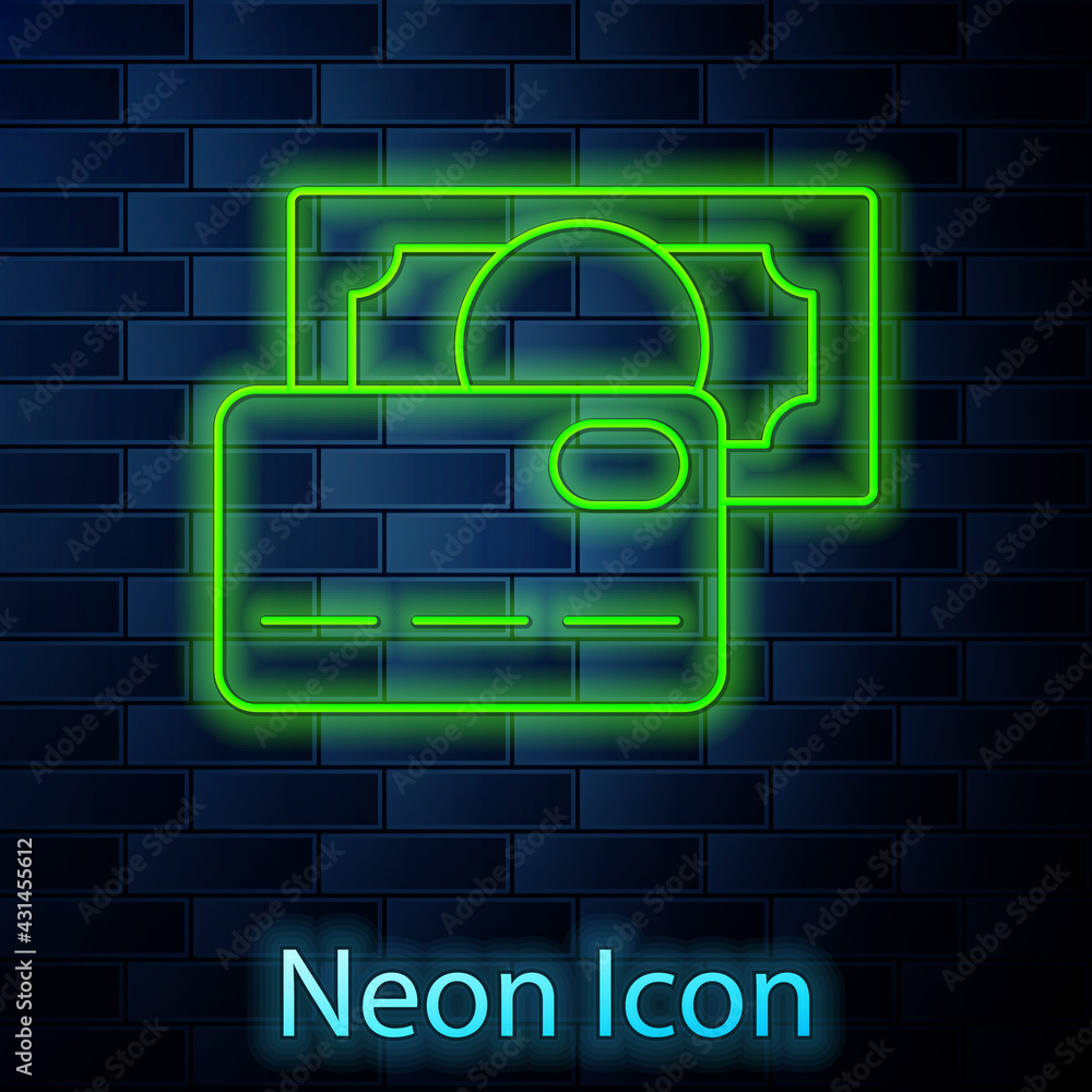Glowing neon line Credit card icon isolated on brick wall background. Online payment. Cash withdrawal. Financial operations. Shopping sign. Vector Glowing neon line Credit card icon isolated on brick wall background. Online payment. Cash withdrawal. Financial operations. Shopping sign. Vector