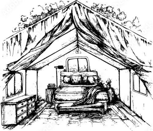 hand-drawn tourist camping tent glamping monochromatic illustration 
bedroom interior