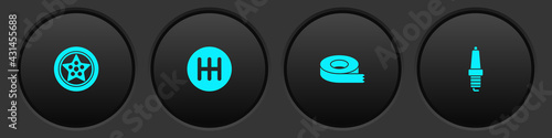 Set Car wheel, Gear shifter, Scotch tape and spark plug icon. Vector