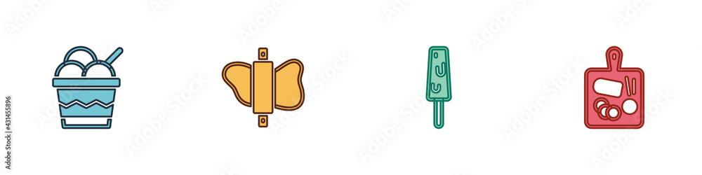 Set Ice cream in bowl, Rolling pin on dough, and Cutting board icon. Vector Set Ice cream in bowl, Rolling pin on dough, and Cutting board icon. Vector