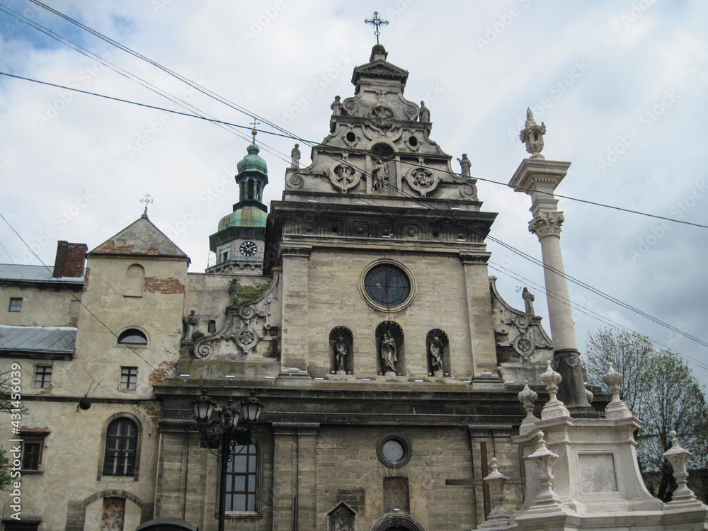 Beautiful religious facade of the Church of St. Andrew and the Bernardine Monastery - a monument of history and architecture in Lviv, located on Cathedral Square . Beautiful religious facade of the Church of St. Andrew and the Bernardine Monastery - a monument of history and architecture in Lviv, located on Cathedral Square .